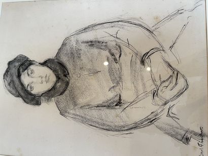 Carl Fischer (1887-1962) 
Portrait de femme au chapeau
Fusain sur papier signé en...