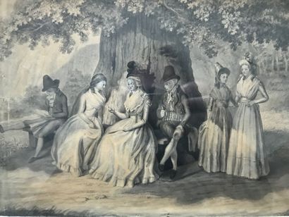 Ecole Française du XVIIIème siècle 
Assembled under an oak tree
Ink and wash
20x27...