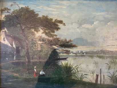 Amédée BESNUS (1831-1909) 
Couple péchant au bord du lac
Huile sur panneau signée...