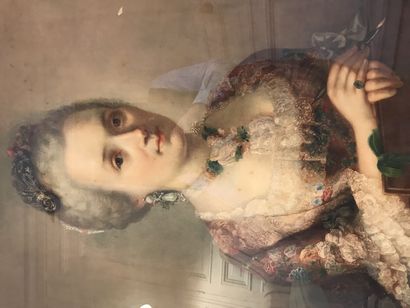 ECOLE FRANCAISE DU XIXème siècle 
Portrait de femme tenant un carton à dessins
Aquarelle...