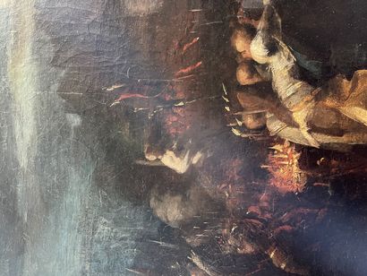 ÉCOLE ROMANTIQUE, milieu XIXe siècle 
Jeanne d'Arc sur le bûcher
Huile sur toile
Trace...