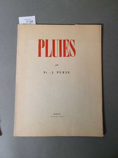 PERSE SAINT-JOHN. PLUIES. Buenos Aires. Éditions des Lettres Françaises, 1944. In-4,...