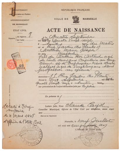 [ARTAUD Antonin].MALAUSSENA Marie-Ange. BIOGRAPHIE D'ANTONIN ARTAUD, TAPUSCRIT SIGNÉ...