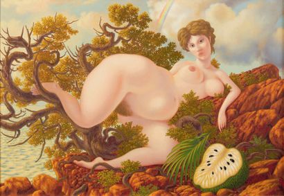 ALEJANDRO Ramon. THE INVENTION OF SOURSOP. OIL ON CANVAS SIGNED. Paris, 1989. 39...