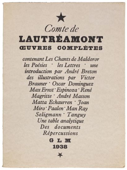 LAUTRÉAMONT Comte de. Oeuvres COMPLÈTES. Paris, GLM, 1938. Fort in-8, broché.
Édition...