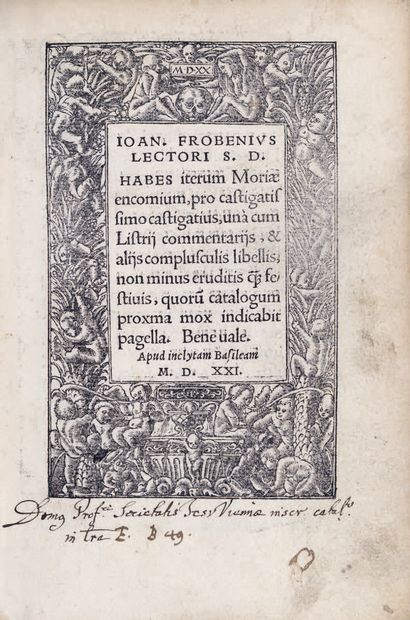 ÉRASME. Moriae encomium. Bâle, Froben, 1521. In-8, veau fauve, décor à froid d'un...