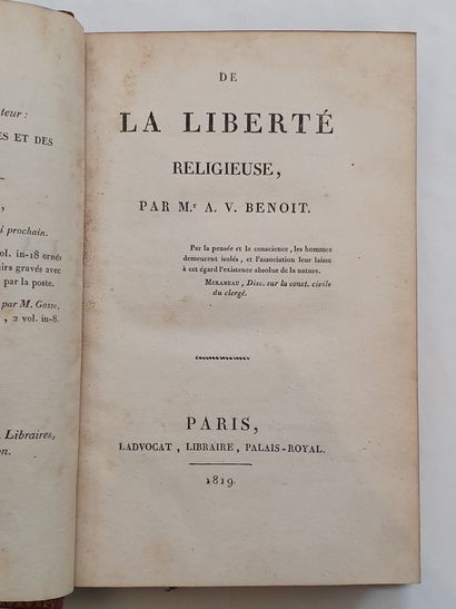 BENOÎT (A. V.). De la liberté religieuse. Paris, Ladvocat, 1819. — De la liberté...