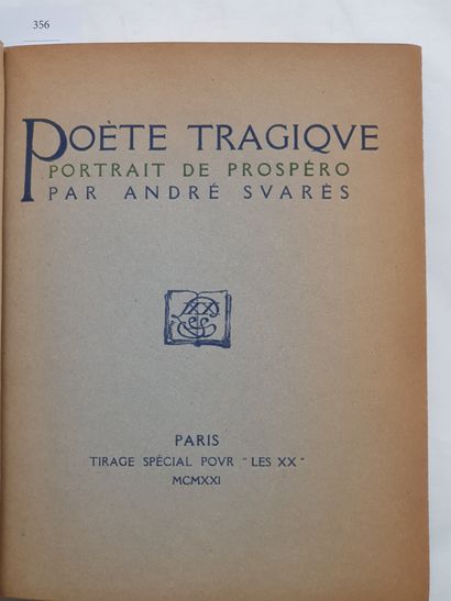 SUARÈS (André). Poète tragique. Paris, Émile-Paul Frères, 1921. In-4, demi-maroquin...