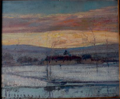 Victor CHARRETON, 1864-1936 Murols, snow at dusk n°4
Oil on cardboard
Signed lower...