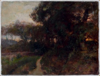 Victor CHARRETON, 1864-1936 Crépuscule à travers les arbres
Huile sur carton (griffures...
