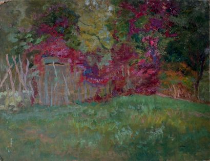 Victor CHARRETON, 1864-1936 Garden corner with red flowers
Oil on cardboard (slight...