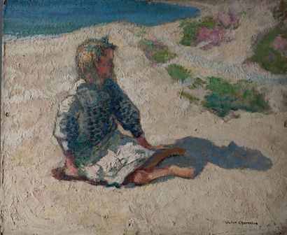 Victor CHARRETON, 1864-1936 Young girl on the beach
Oil on cardboard (small lacks...