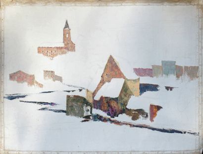 Victor CHARRETON, 1864-1936 Château Giscard under the snow
Oil sketch on canvas (rolled...