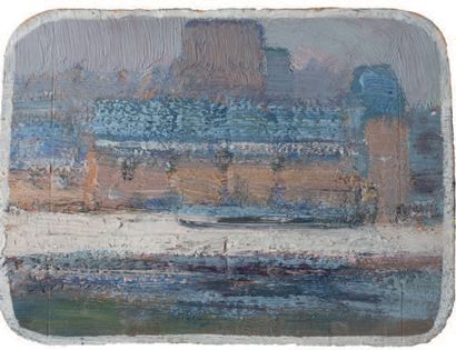 Victor CHARRETON, 1864-1936 Ville et rivière, gelée blanche
Huile sur carton (angles...