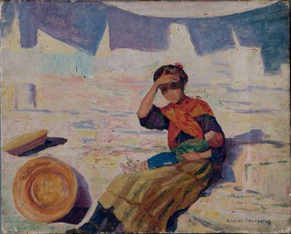 Victor CHARRETON, 1864-1936 Femme et enfant, Malaga, Espagne
Huile sur toile (griffures...