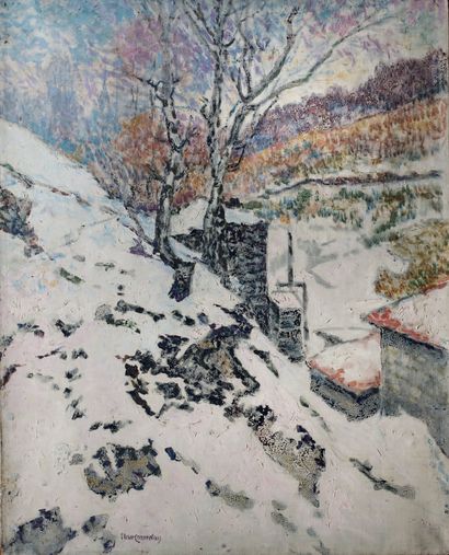 Victor CHARRETON, 1864-1936 Maison adossée à la colline sous la neige
Huile sur toile
Signature...