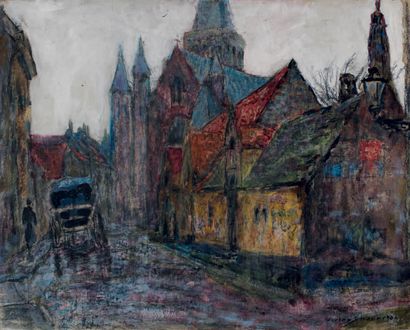 Victor CHARRETON, 1864-1936 Rue sous la pluie, Bruges, 1933
Crayon noir et peinture...