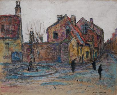Victor CHARRETON, 1864-1936 Fontaine sur la place d'un village - Jardin vu de la...