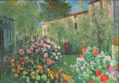 Victor CHARRETON, 1864-1936 Éveil du jour, l'aube au jardin
Oil on finette (small...