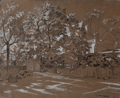 Victor CHARRETON, 1864-1936 La Sagne seen from the garden - Trees near a wall in...