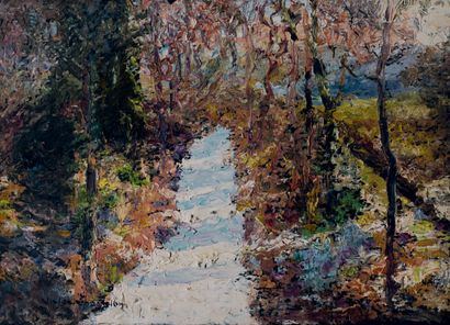 Victor CHARRETON, 1864-1936 Snowy path oil on slate (very small missing)
Signed lower...