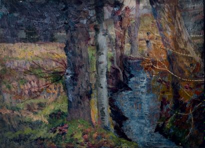 Victor CHARRETON, 1864-1936 Stream with characters in the undergrowth
Oil on slate...