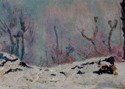 Victor CHARRETON, 1864-1936 Paysage de neige aux arbres
Huile sur carton (manques...