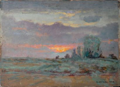 Victor CHARRETON, 1864-1936 Crépuscule en hiver - Ciel jaune
Huile sur carton recto-verso,...