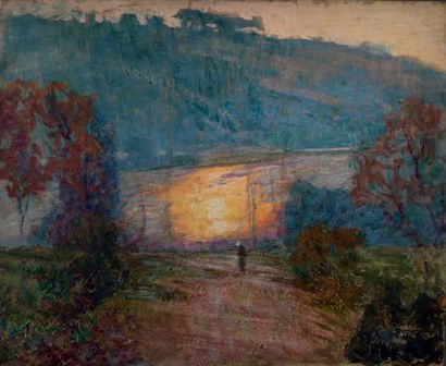 Victor CHARRETON, 1864-1936 Paysage au coucher de soleil
Huile sur panneau, au dos...