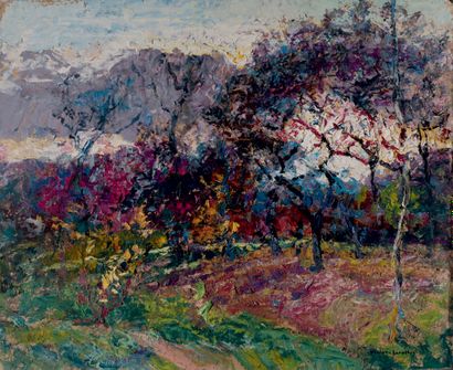 Victor CHARRETON, 1864-1936 Trees in Autumn
Oil on board, on the back a portrait...