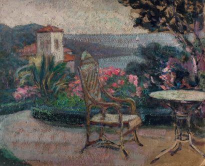 Victor CHARRETON, 1864-1936 Fauteuil sur une terrasse donnant sur la baie d'Alger
Huile...