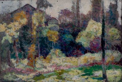 Victor CHARRETON, 1864-1936 Trees in front of houses
Oil on cardboard (nailed on...