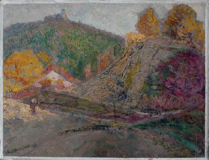 Victor CHARRETON, 1864-1936 House in a valley - Heath
Oil on double-sided cardboard...