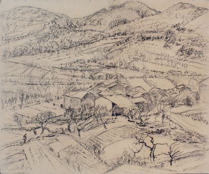 Victor CHARRETON, 1864-1936 Hameau dans un paysage vallonné
Fusain sur carton
Non...