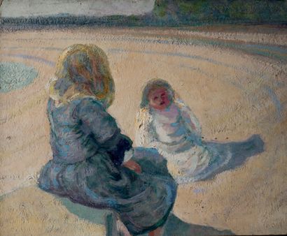 Victor CHARRETON, 1864-1936 Mère et enfant sur la plage
Huile sur carton (trou de...