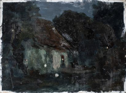 CHARRETON Victor, 1864-1936 
Maison la nuit
Huile sur carton (salissures, frottements...