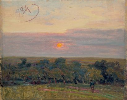 Victor CHARRETON, 1864-1936 Sunset on the moor - Study of Breton woman and river...