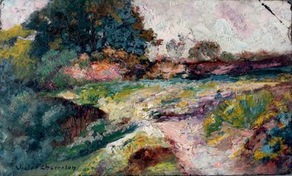 Victor CHARRETON, 1864-1936 Paysage aux grands arbres
Huile sur ardoise (petit accident...