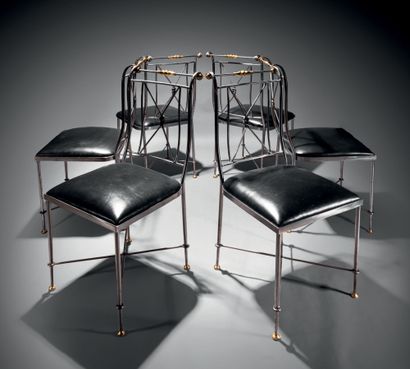 Alberto ORLANDI (XXe siècle) Suite of six chromed and brass tubular metal chairs...
