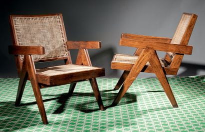 Pierre Jeanneret (1896-1967) 
Pair of Easy Armchairs in solid teak with cane back...