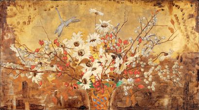 Alix AYMÉ (1894-1989) 
Bouquet de fleurs et libellule
Laque sur panneau d'isorel,...