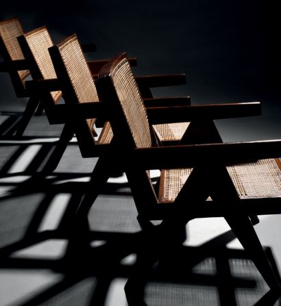 Pierre Jeanneret (1896-1967) 
Pair of Easy Armchairs in solid teak with cane back...