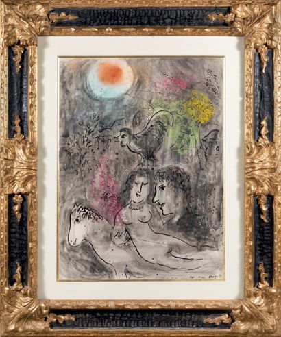 Marc CHAGALL (1887-1985) 
Les amoureux au soleil orange, 1980
Lavis d'encre de chine,...