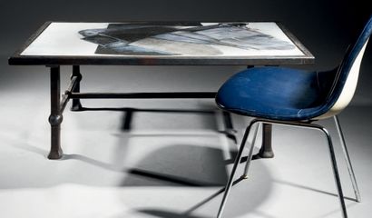 Pierre SAINT-PAUL (né en 1926) Rectangular ceramic coffee table with blue and black...