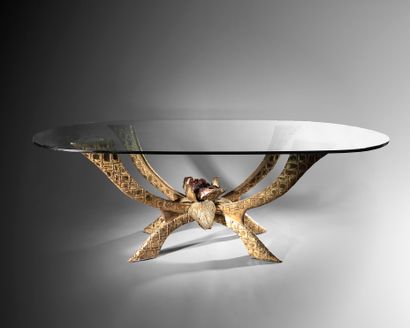 Jacques DUVAL - BRASSEUR (né en 1934) Dining table, c. 1970, with oval glass top...