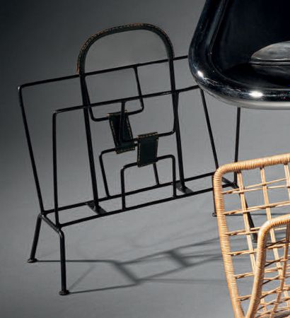 TRAVAIL FRANÇAIS Magazine rack in blackened tubular metal and green leather insert...