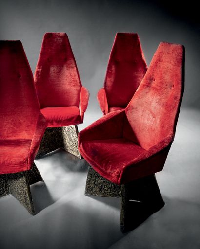 Adrian PEARSALL (1925-2011) Suite of four armchairs with high conical backs and solid...