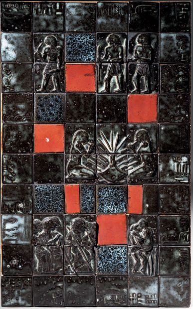 Travail français 1950 Egyptian figures
Large panel of black, red and blue glazed...