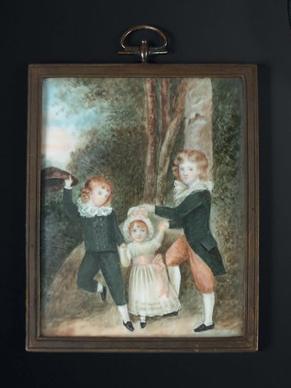 École ANGLAISE de la deuxième moitié du XIXe siècle 
Portrait de trois jeunes enfants...