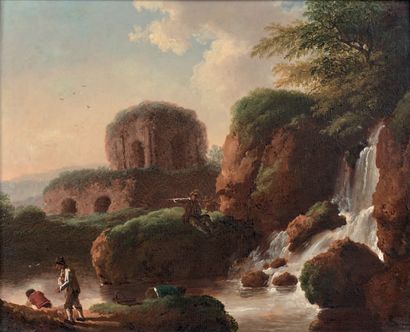 École FRANÇAISE du XVIIIe siècle Landscape with a waterfall
Oil on panel 17.5 x 22...